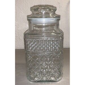 Vintage Anchor Hocking Wexford  9” clear square glass storage jar/canister w/lid